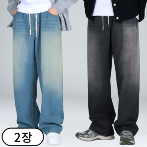 1+1 남자 밴딩 청바지 빅사이즈 세미 와이드 데님 팬츠 (6655-2)