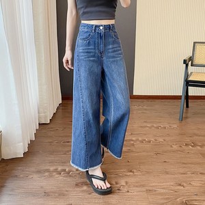 AOKADA 여성 와이드 데님 팬츠 9부 절개라인 키작녀 통 청바지